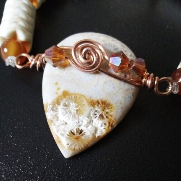 Rustic!!! Wire Wrapped Fossilized Coral Rock Teardrop Focal + Orange Agate Beads - Picture 4 of 12